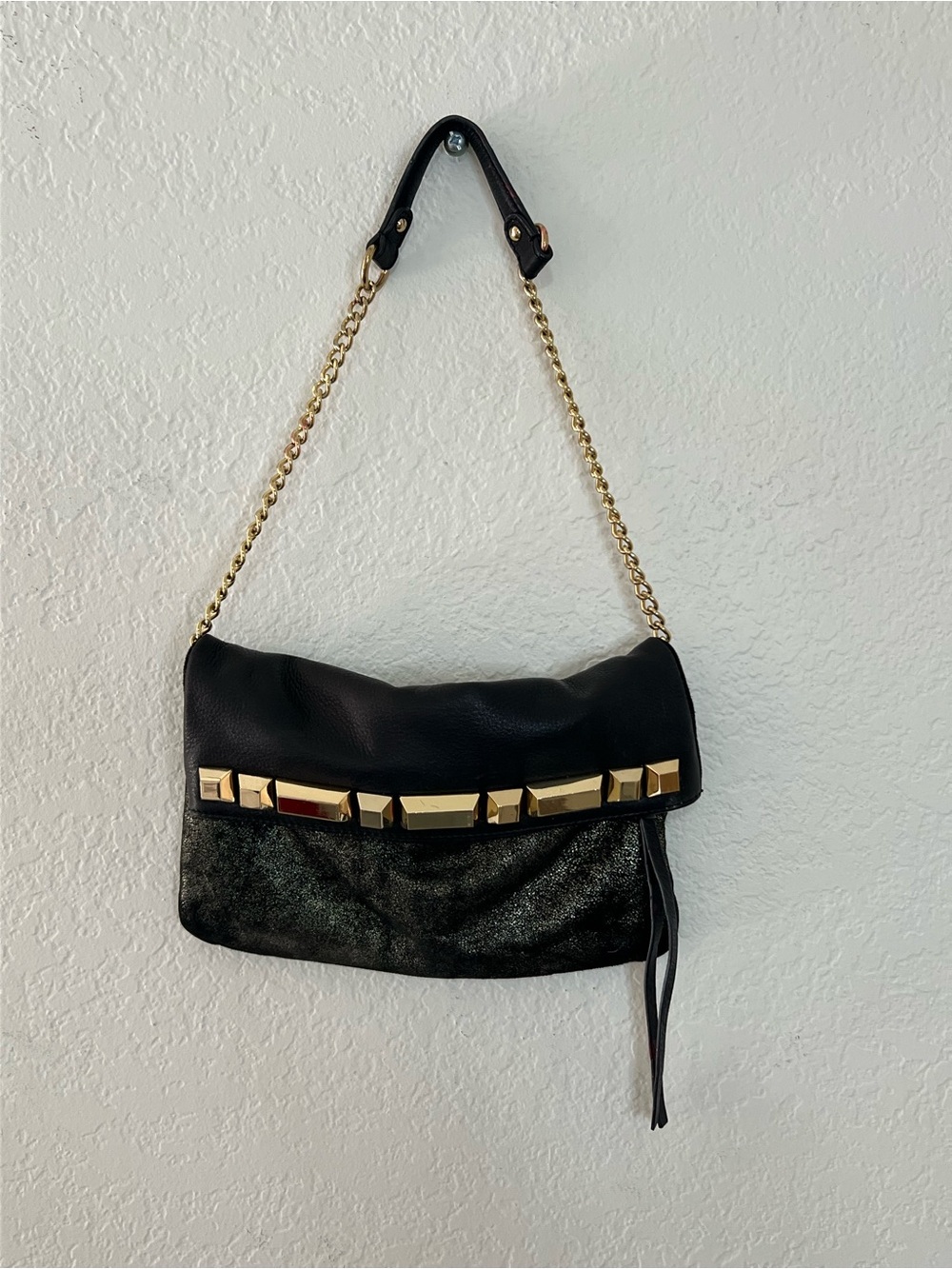 Vince Camuto Black Glitter Leather Fold Over Purse Bag‎ Gold Metal Stud Glam